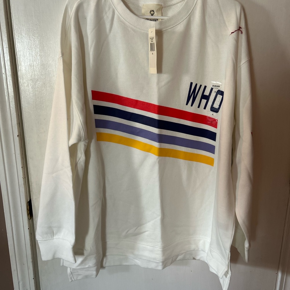 DUBGEE by Whoopie White Subcrew Sweatshirt with Blue Accents